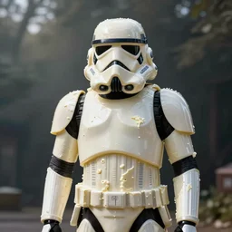 a cottage cheese stormtrooper, his entire body is made out of cottage cheese, you can see cottage cheese everywhere on his body, cottage cheese