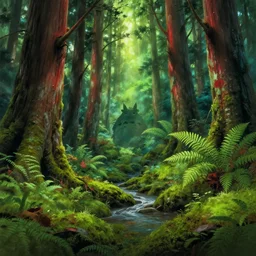 beautiful ancient forest, matte painting, beautifully painted, beautiful lighting, enchanted forest, jeremy lipking, studio ghibli, princess mononoke, 8 k, rays of light, amazing detail, princess mononoke background paintings, hayao miyazaki, kazuo oga, enchanted lighting, high contrast, rule of thirds, bright green moss, japanese woodblock prints, hasui, ferns, redwood forest, mountain stream