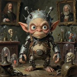 horrible ragged little cyborg dwarf goblin with maniacal expression and bulging eyes : : mechanical implants attached to head, byzantine hong kong hoarder labaratory, anatomical study by rembrandt and bruegel and stalenhag and greg rutkowski and carvaggio, studio ghibli composition