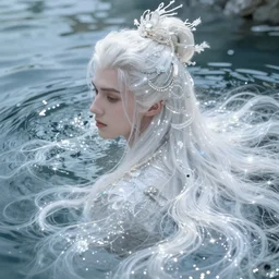 beautiful glowing sparkling shimmering ethereal white hair submerged in water fantasy art portrait, elegant hair, complex design hair, ultra realistic, wide angle, intricate details, fantasy artifacts, highly detailed by peter mohrbacher, hajime sorayama, wayne barlowe, boris vallejo, aaron horkey, gaston bussiere, craig mullins