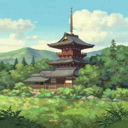 A serene landscape with a singular building in the style of kyoto animation