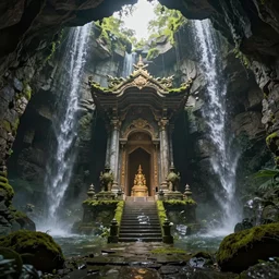man-made ruins interior with low ceiling and stone walls, waterfalls and moss, a large shrine in the center; detailed, best on artstation, raymond swanland, bayard wu, cosmic, epic, stunning, masterpiece