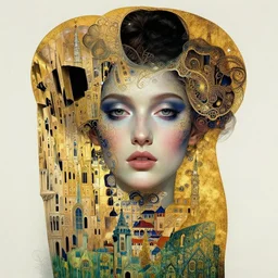 portrait of a beautiful young goddess'face merging with a cathedral building, strong cyberpunk face make - up, etheric, emotionally evoking symbolic metaphors, head in focus, ornamental, intricate, elegant, golden ratio, sharp focus, illustration, art by ernst haeckel, h. r. giger, john william godward, gustav klimt, endre szasz,