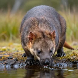 close up photo of a rare thylacine, drinking water from a lake in tasmania, bokeh, 1 0 0 mm lens, 4 k. 8 k hd. award winning nature photography. cover of national geographic