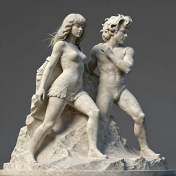 photorealistic stone sculpture of taylor swift and a stone sculpture of harry styles on top of a mountain. hyperdetailed, photorealism, sharp focus