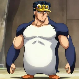 anime scene of buffed humanoid penguin, jojo bizarre adventure art style, 4k anime resolution,Cowboy camera Shot,camera with two shot, camera with Dutch Angle