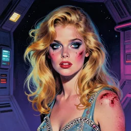 a pulp illustration of a gorgeous young woman in dead space, with wild blonde hair and haunted eyes, 1 9 7 0 s, space station, neon light showing injuries, delicate ex embellishments, painterly, offset printing technique