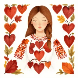 russian folk art. young woman with many hearts. autumnal colours