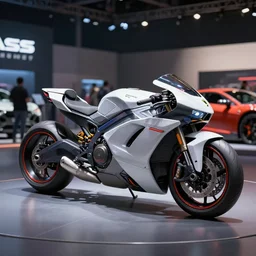 Product shot of a Mass effect futuristic tron motorcycle designed by Lamborghini sitting in a car show at a convention, hard surface modeling, octane, trending on artstation, 3d model, 8k