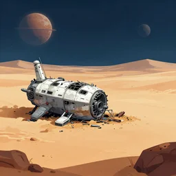 next to the wreckage of a small crashed spaceship, on an desert planet, from a space themed point and click 2 d graphic adventure game, set design inspired slightly by hg giger and tomb raider, art inspired by thomas kinkade and william alexander