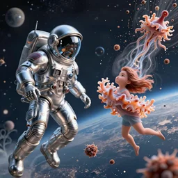 insanely detailed procedural render expressive dynamic fluid action scene of chrome spacesuits protecting the dancing nudibranch girl from certain doom as the planet they orbit sends spores attack them, photorealism, sharp focus, award winning, tristan eaton, victo ngai,, maxfield parrish, artgerm, koons, ryden, intricate details, 3 / 4 view, bokeh