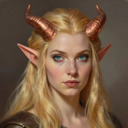 A head-on detailed oil portrait of a distinguished elf woman with small copper horns, long blonde hairs and bright irises, by greg rutkowski, trending on artstation, dungeon and dragons art