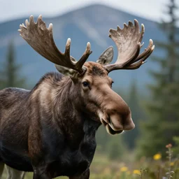 portrait of a confused moose, mountain forest background, bokeh, art by greg rutkowski
