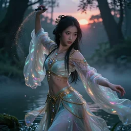 Realistic portrait of Mulan from Disney's Mulan, mystical forest lagoon, glowing glittery dust in the air, twilight, sunset, gloomy, eerie atmosphere, dynamic pose, ornate attire, intricate gold and crystal jewelry, diaphanous iridescent cloth, cinematic lighting, god rays, volumetric fog, bloom, by Nebezial, by Artgerm, by WLOP, by Ross Tran, by Sakimichan, fantasy, portfolio illustration, highly detailed, trending on Artstation, CGsociety, HQ, 8k, 35mm lens, f2.8, Bokeh,