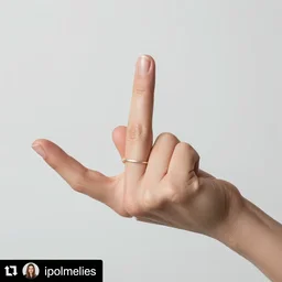 a photo of one ultra detailed woman's hand, cupping hand gesture, point finger with ring on it, instagram photo, studio photo