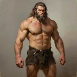 a realistic muscular neanderthal man posing for a photoshoot painting