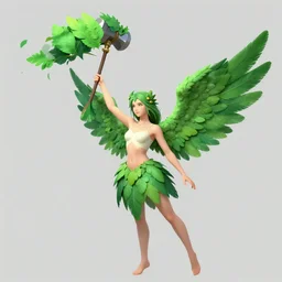 a girl with wings, holding up a mace. green leaves insteada of feathers. concept art by muggur, flowing white dress, smooth, sharp focus, artstation contest winner, fantasy, 2 d game, tarot card