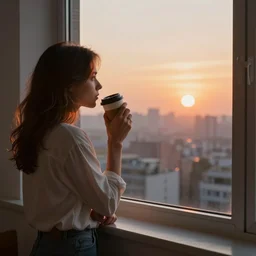 a beautiful picture of a woman drinking a coffee and watching the sunrise at the window of her loft in a skyscraper by greg rutkowski and pascal campion trending on artstation, warm colors scheme