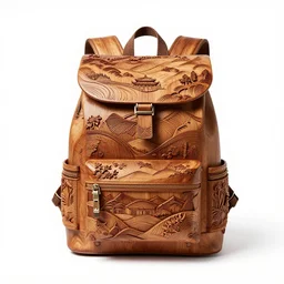carved wooden backpack, commercial catalog photo, isolated on a pure white background, centered, entire object in frame, sharp focus, soft studio lighting