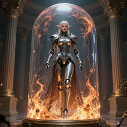 Alluring Elf Princess knight, ((((Futuristic Cyborg goddes))), she is inside of a cryogenic capsule. By Frank Lloyd Wright, by  Rembrandt (1667),  concept art, inrincate, sharp focus, digital painting, unreal engine, cgsociety, neoclassical, mech, robot, fractal flame, cinematic, overwatch skin, highly detailded
