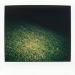 polaroid photo!! of a green empty steep grass hill with no trees, flash photography, at night, uncanny, colored photograph
