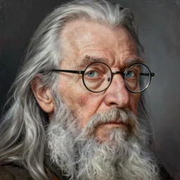 face portrait of a very old wizard with long silver hair and beard and light blue eyes, half - moon glasses and a long crooked nose, highly detailed, painting