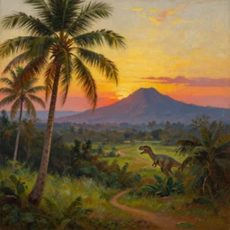 oil painting of a sri lankan landscape at sunset, coconut trees in the foreground, t rex in the valley, mountain sunset in the background, volumetric lighting, volumetric shadows, realistic oil painting by gustave dore, - h 6 4 0,
