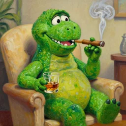still from kids tv show, retired barney the dinosaur, sitting in a lounge, sipping whiskey and smoking a cigar, oil on canvas, intricate, portrait, 8 k highly professionally detailed, hdr, cgsociety
