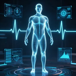 technical diagram, human performance, wireframe human, heartbeat, glowing wireframe, future scifi scene, biometric dials and displays in background, high detail, precise lines, angular, vector, biometric sensors, technical diagram