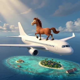 cartoon horse got on top of a plane, flying to the maldives, islands, style of cartoon, walt disney studio,