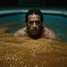 danny trejo swimming in a pool of baked beans, realistic, moody grindhouse, dark