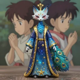 real stop motion portrait from an anime of an ethereal colorful blue starry peacock fox, accented in bright metallic gold, wearing star filled magic imbued mage robes, art by yuji ikehata, background art by miyazaki, realism, proper human proportions, fully clothed