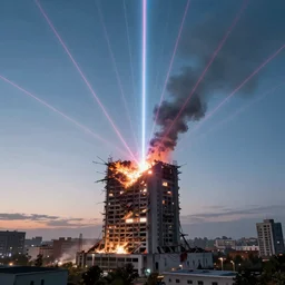 building being destroyed by laser strike from the sky, 4k render, viewed from a distance