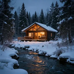 cozy lodge beside a river stream in the canadian wilderness in winter,  dramatic lighting, cinematic, establishing shot, extremely high detail, photo realistic, cinematic lighting, post processed, concept art, artstation, matte painting, style by eddie mendoza, raphael lacoste, alex ross
