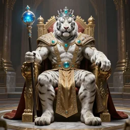sabretooth tiger bodybuilder with white fur, wearing king's robes, sits on his throne room at his castle, wearing a silver crown with aquamarine jewels set into it, holding a scepter with a blue orb, floor is tile marble, dimly lit, unreal engine, character artwork