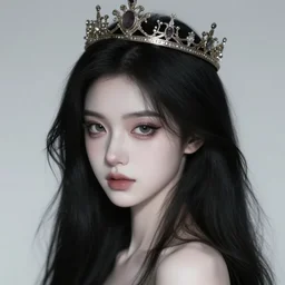 a beautiful girl with long black hair pale sking and a crown on her head, art by victoria kalaichi