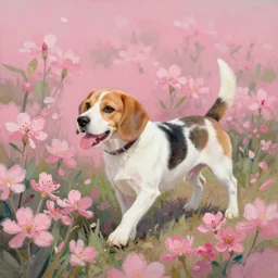 white and brown beagle dog playing in a full of pink flowers, by Quint Buchholz, pastel colors