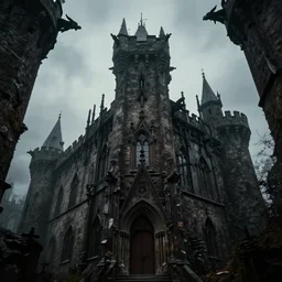 a dark, twisted take on a medieval castle, complete with gargoyles, dark woodwork, and a foreboding sense of foreboding.