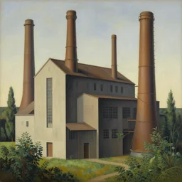 geometric painting of industrial buildings surrounded by undergrowth by rene magritte