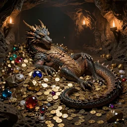 a very old dragon laying down on a large pile of coins, treasures, loot, gems, precious stones, rings, in a cave, dark - lit with torches along the walls, with many gold coins, many treasures, piled around, very high detail, 8 k, artstation, art by michael whelan