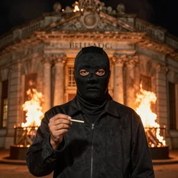 portrait photo still of a man wearing a skimask holding a match, in front of an old bank on fire at night, 8 k, 8 5 mm f 1. 8