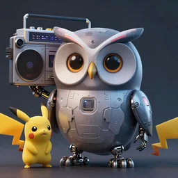 high quality 3 d render very cute cyborg owl! with boombox!, cyberpunk highly detailed, unreal engine cinematic smooth, in the style of blade runner & detective pikachu, hannah yata charlie immer, moody light, low angle, uhd 8 k, sharp focus