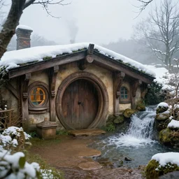 inside a medieval hobbit home, ornate, beautiful, atmosphere, vibe, mist, smoke, chimney, rain, wet, pristine, puddles, waterfall, melting, snow, creek, lush, ice, bridge, forest, flowers, concept art illustration, color page, 4 k, tone mapping, doll, akihiko yoshida, james jean