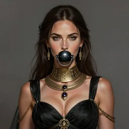 portrait of megan fox with ball gag, muscular upper body, collar, greek, jewelry, black dress, fantasy, intricate, elegant, highly detailed, digital painting, artstation, concept art, matte, sharp focus, illustration, art by aenaluck and roberto ferri and greg rutkowski, epic fantasy, digital painting