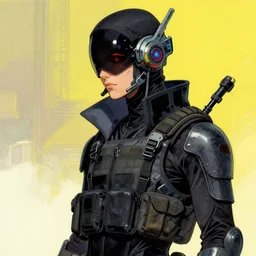 beautiful cyberpunk assassin wearing a cyberpunk headset and tactical gear. in style of moebius and laurie greasley