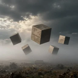 thick fog, boxes levitating in air, zdzislaw beksinski