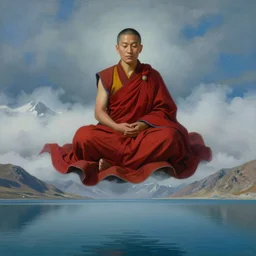 abstract portrait of a tibetan monk in lotus position flying over himalaya mountains lake in weightlessness in liquid traditional red cloth, small foggy and blue gloomy, highly detailed, impressionism abstract surrealism science fiction paint by salvador dali, jeremy geddes