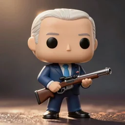 portrait photo of joe biden as a funko pop figurine with a gatling gun. Macro photography.