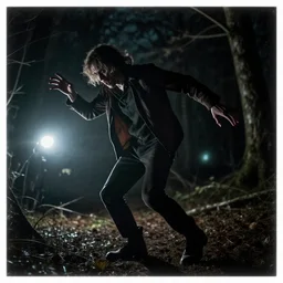 a smudged, scratched, grainy and blurry photograph showing the whole body of a creepy deranged man dynamically and frenetically moving his hands and feet in the dark. his dance is wild and unpredictable. in the creepy woods, night time, flash lights, rim lights, mysterious