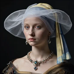 a beautiful futuristic portrait with hat made by wires and gauze around her face, necklace made by wires, design by leonardo davinci, inspired by vermeer, modern art, baroque, jewelry, new classic, hyper realistic, highly detailed, cinematic composition, cinematic lighting, fashion design, concept art, hdri, 4 k